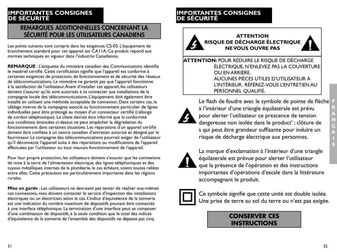 Clarity AL10 manual Risque de décharge électrique aux personnes, Équilaterale est prévue pour alerter l’utilisateur 