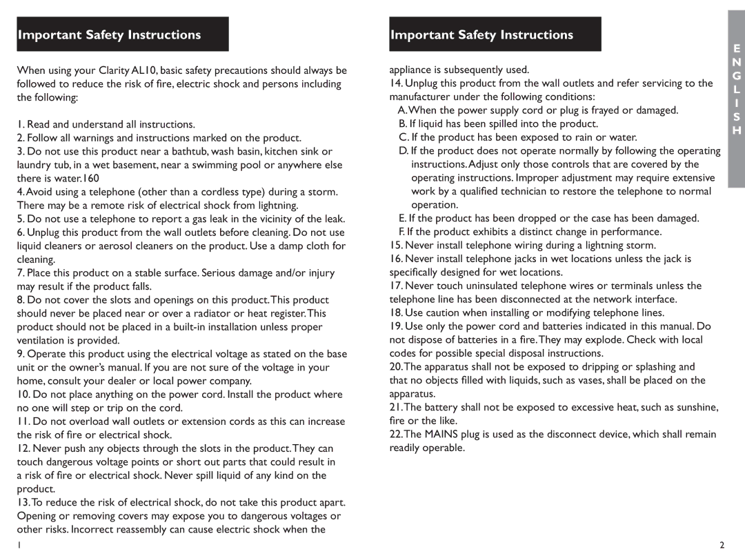 Clarity AL10 manual Important Safety Instructions 