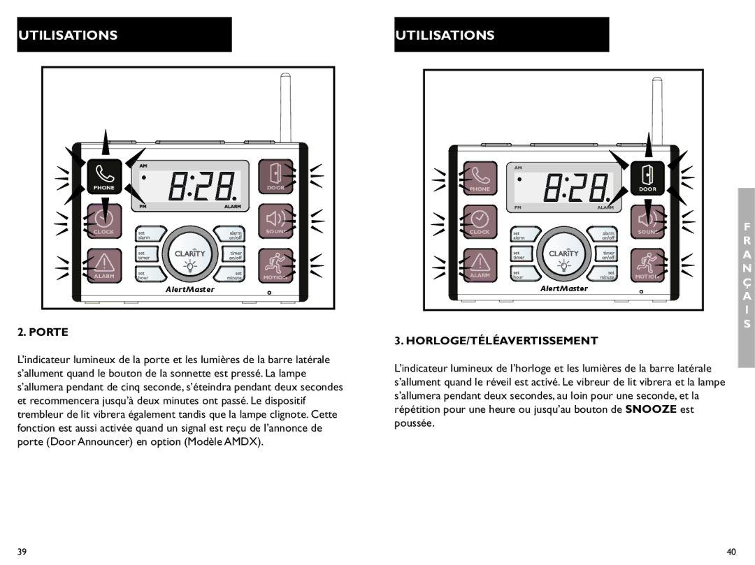 Clarity AL10 manual Porte, Horloge/Téléavertissement 