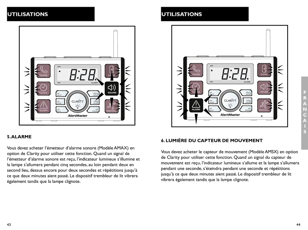 Clarity AL10 manual Alarme, Lumière DU Capteur DE Mouvement 