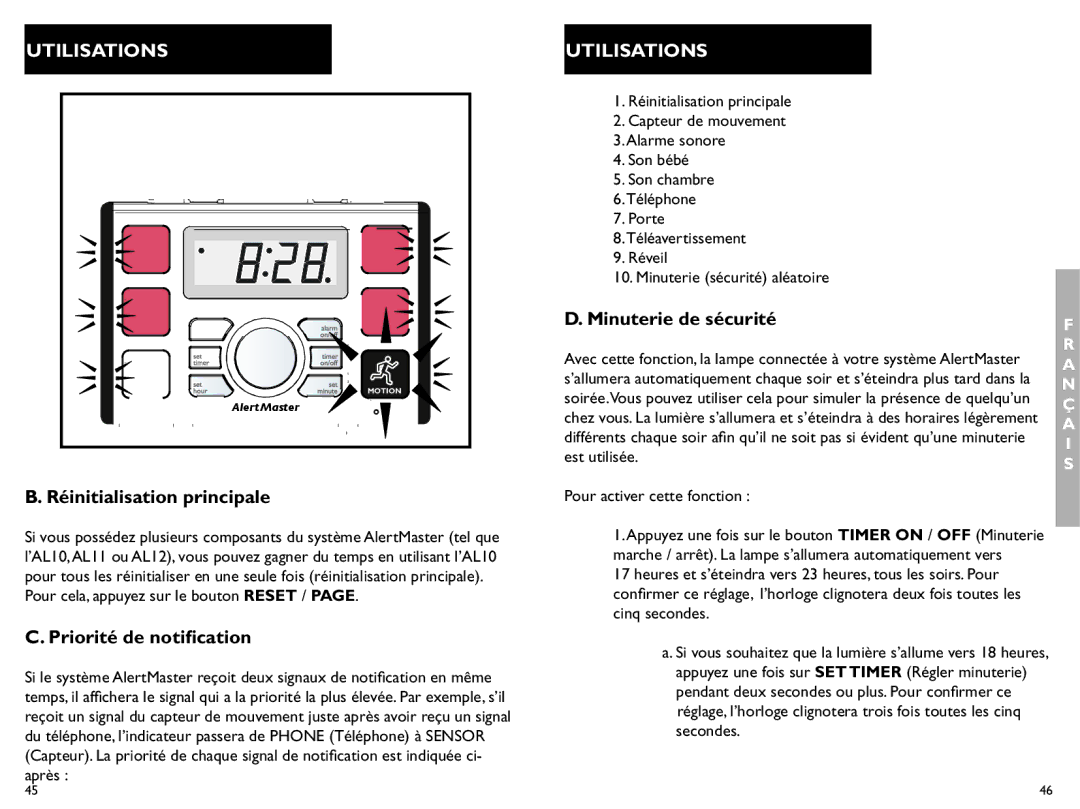 Clarity AL10 manual Réinitialisation principale, Priorité de notification, Minuterie de sécurité 