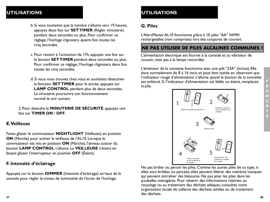 Clarity AL10 manual Veilleuse, Intensité d’éclairage, Piles 