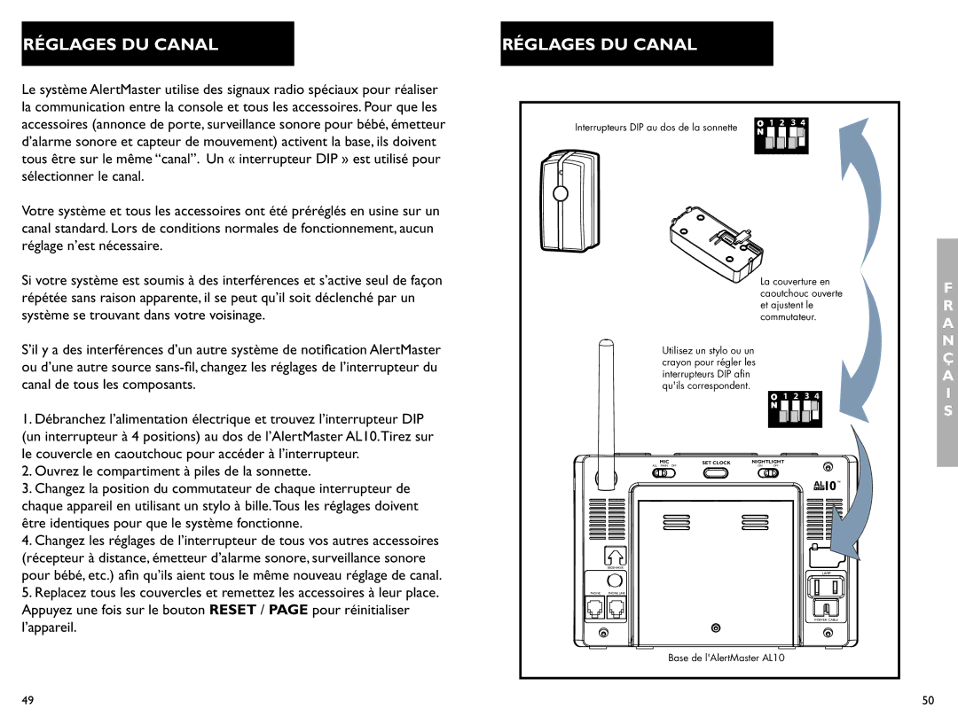 Clarity AL10 manual Réglages DU Canal, Interrupteurs DIP au dos de la sonnette 