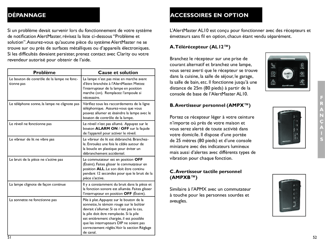 Clarity AL10 manual Dépannage, Accessoires EN Option, Ampxb 