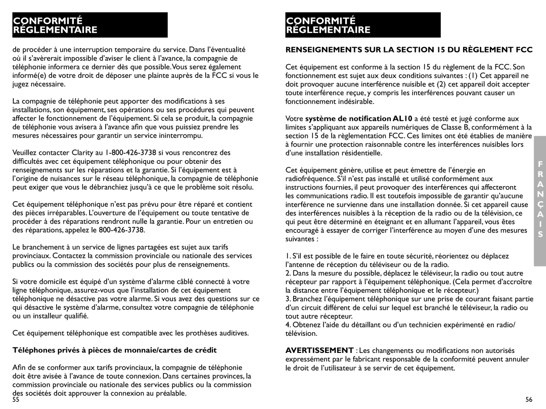 Clarity AL10 manual Renseignements SUR LA DU Règlement FCC 