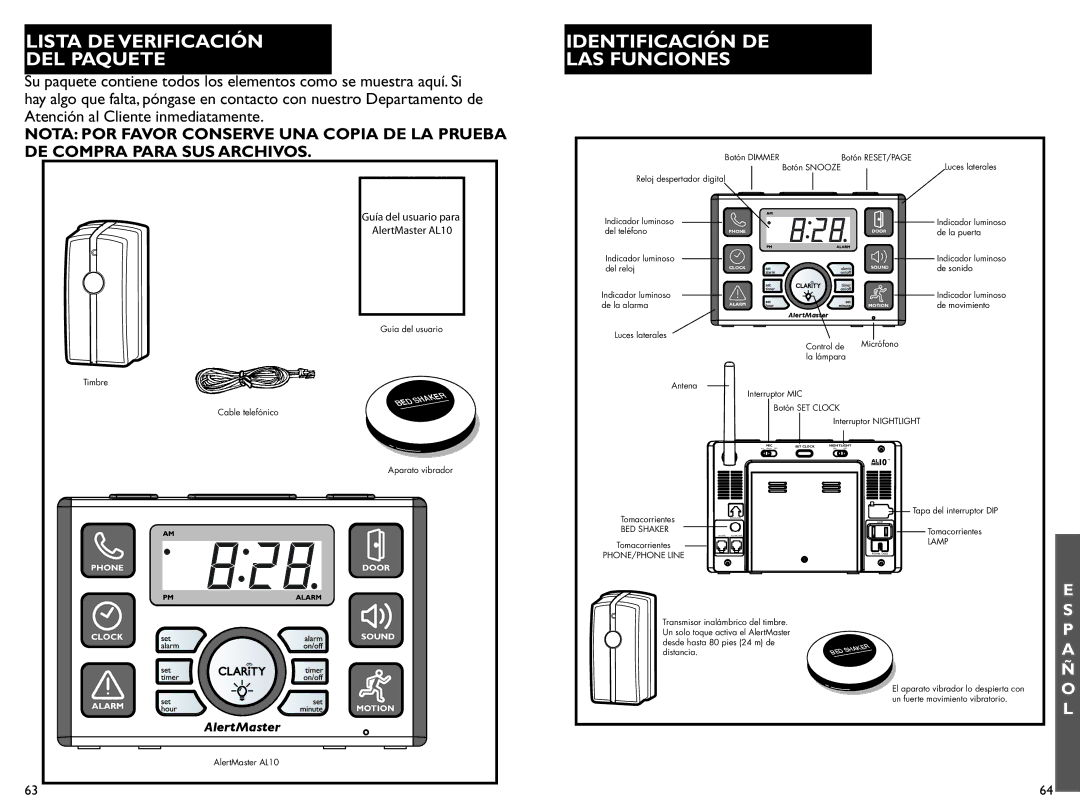 Clarity AL10 manual Lista DE Verificación DEL Paquete, Identificación DE LAS Funciones 