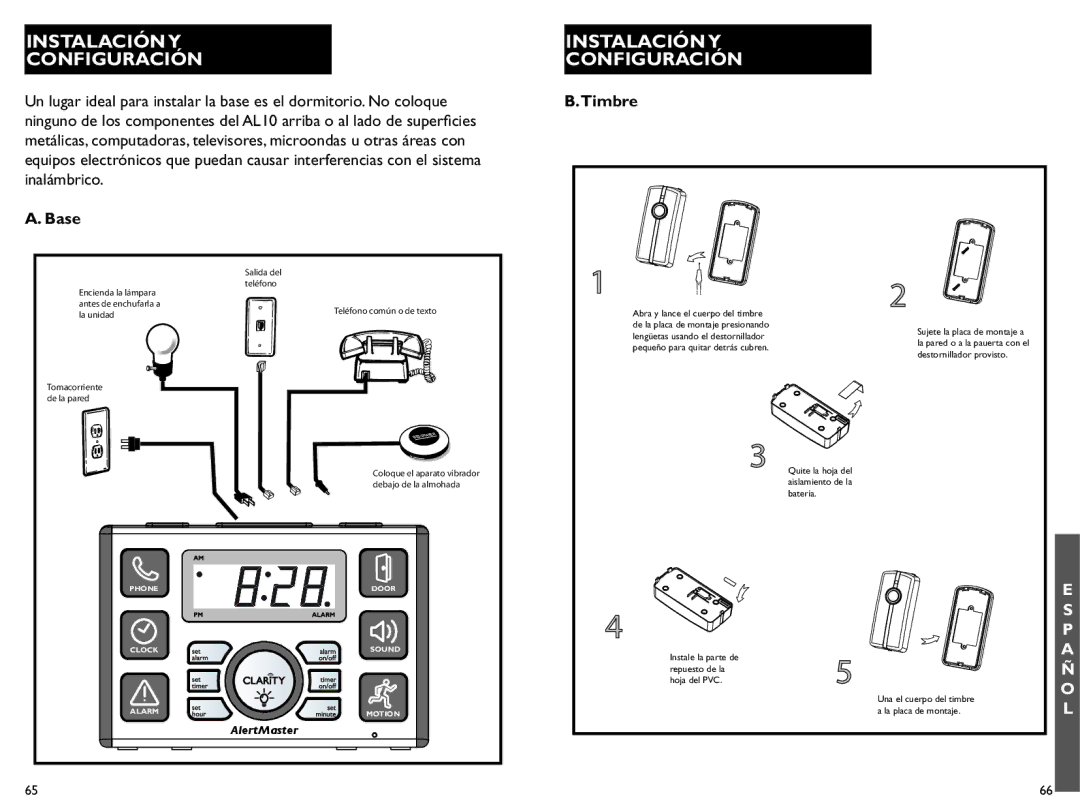 Clarity AL10 manual Instalación Y Configuración, Timbre Base 