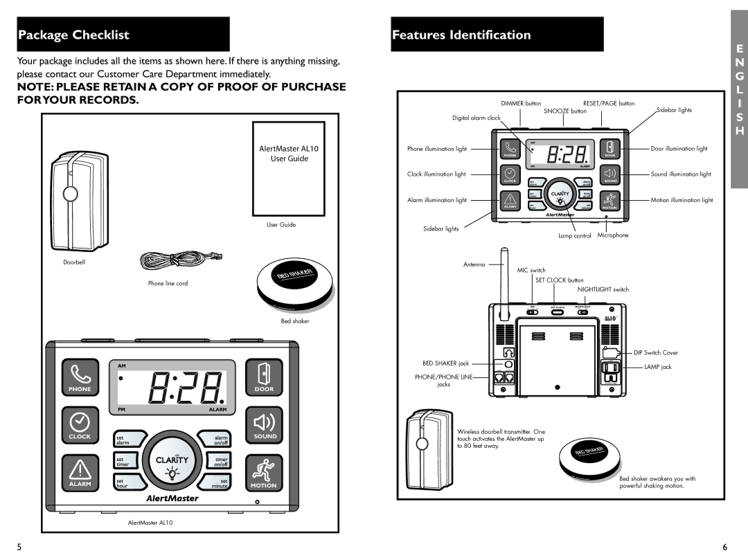 Clarity AL10 manual Package Checklist, Features Identification 