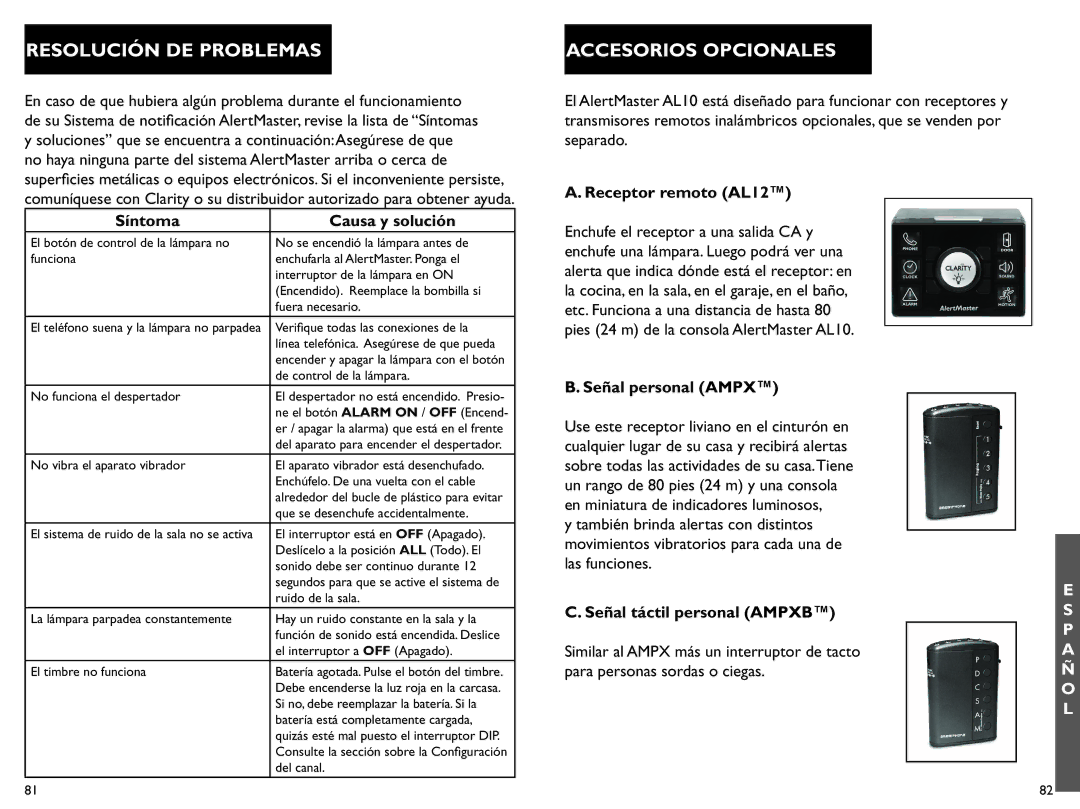 Clarity AL10 manual Resolución DE Problemas, Accesorios Opcionales 