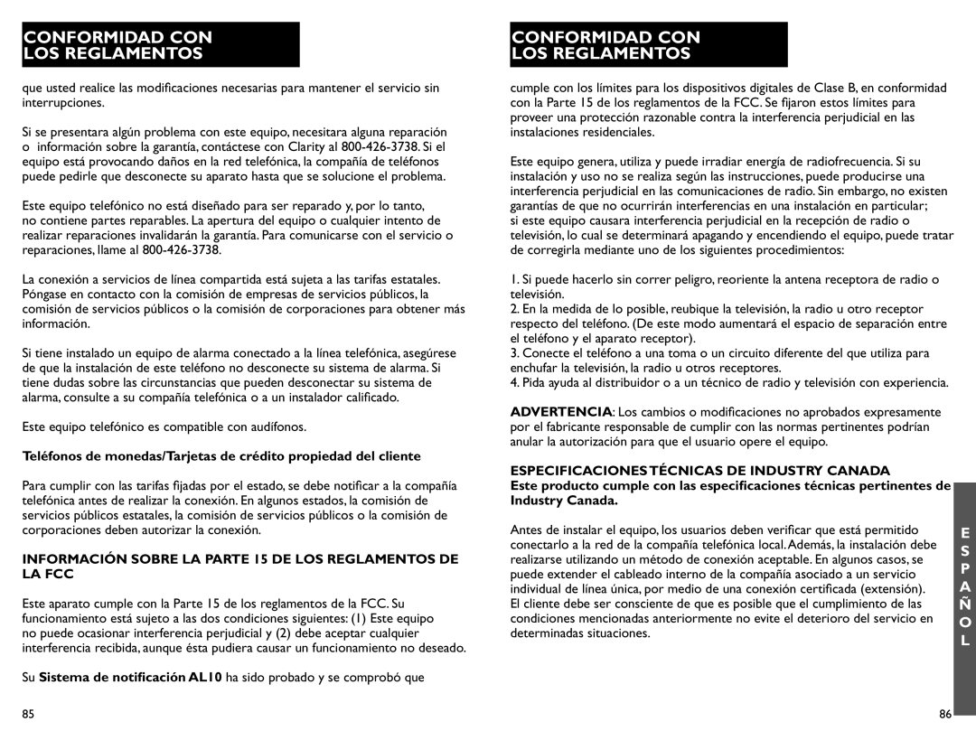 Clarity AL10 manual Información Sobre LA Parte 15 DE LOS Reglamentos DE LA FCC 