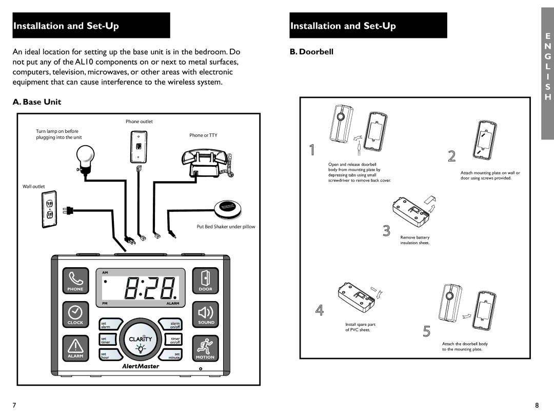 Clarity AL10 manual Installation and Set-Up, Doorbell, Base Unit 