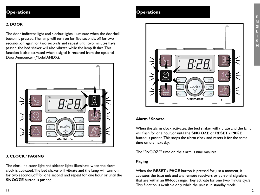 Clarity AL10 manual Operations, Door, Clock / Paging, Alarm / Snooze 