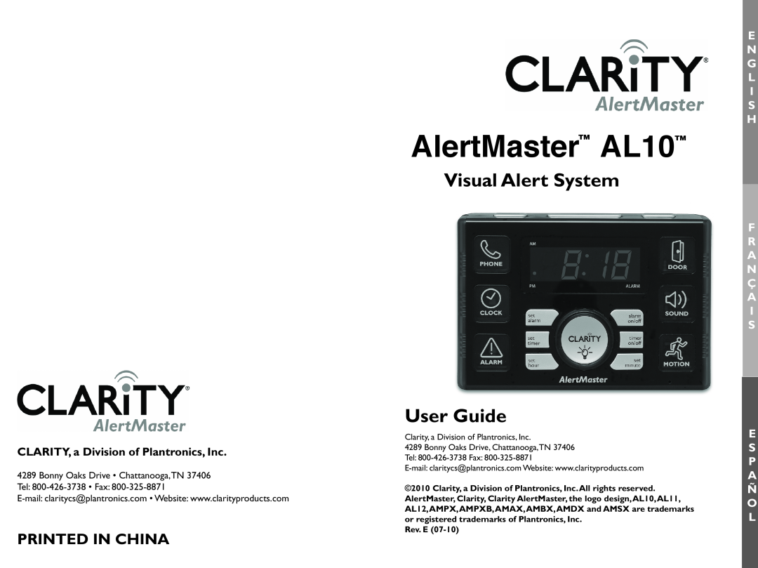 Clarity manual AlertMaster AL10, Visual Alert System User Guide, CLARITY, a Division of Plantronics, Inc 