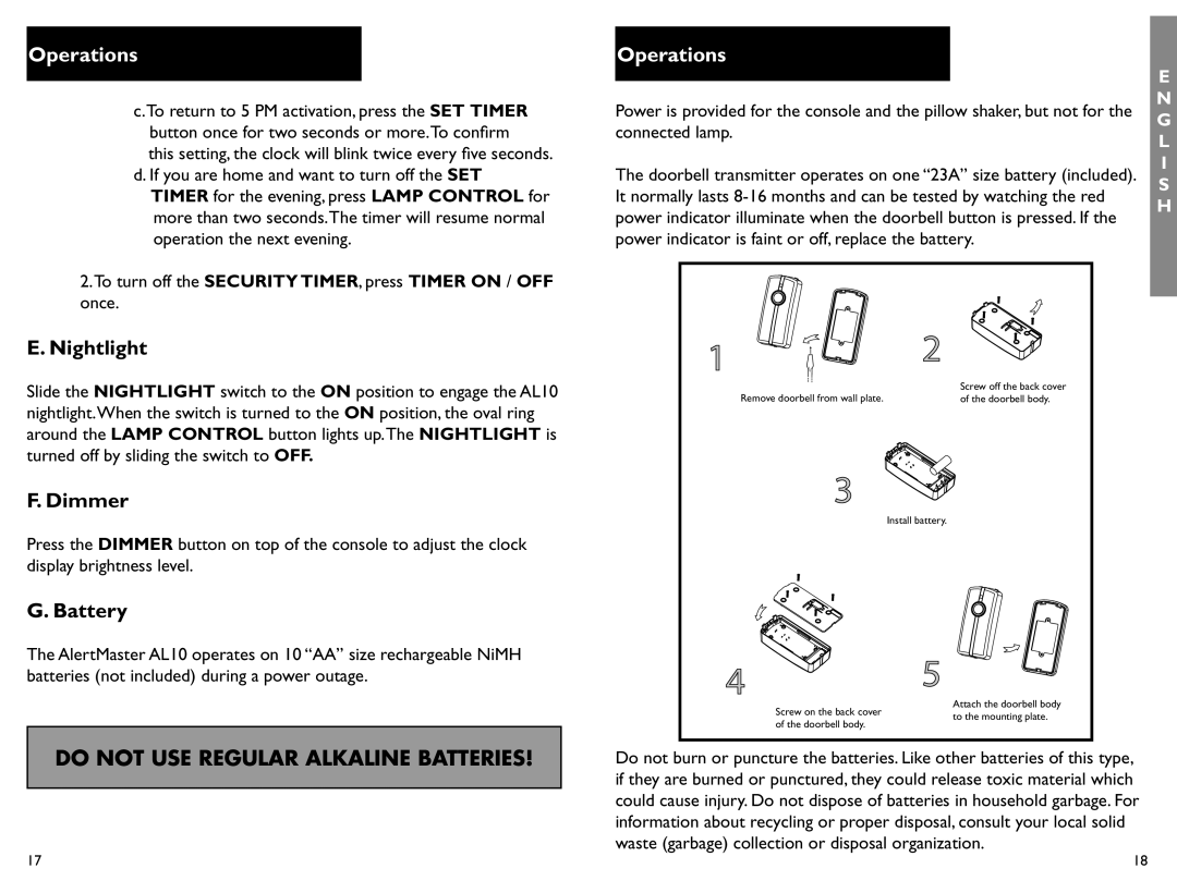 Clarity AL10 manual E.Nightlight, F. Dimmer, G. Battery, Do Not Use Regular Alkaline Batteries, Operations 