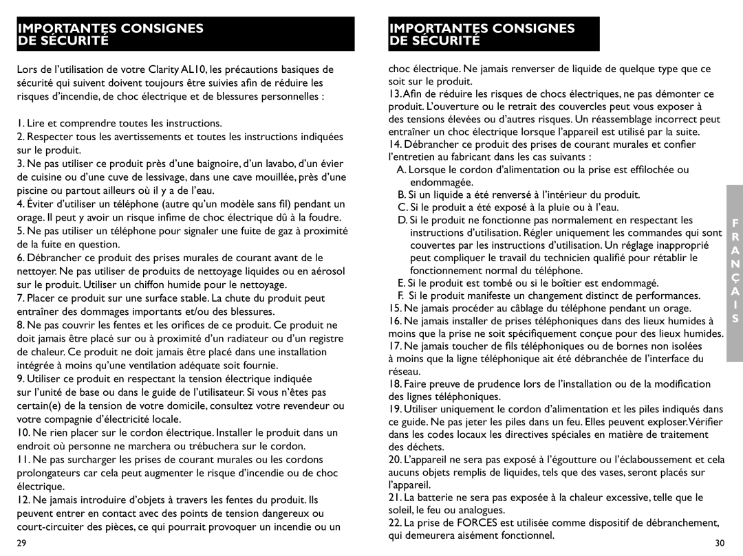 Clarity AL10 manual Importantes Consignes De Sécurité 