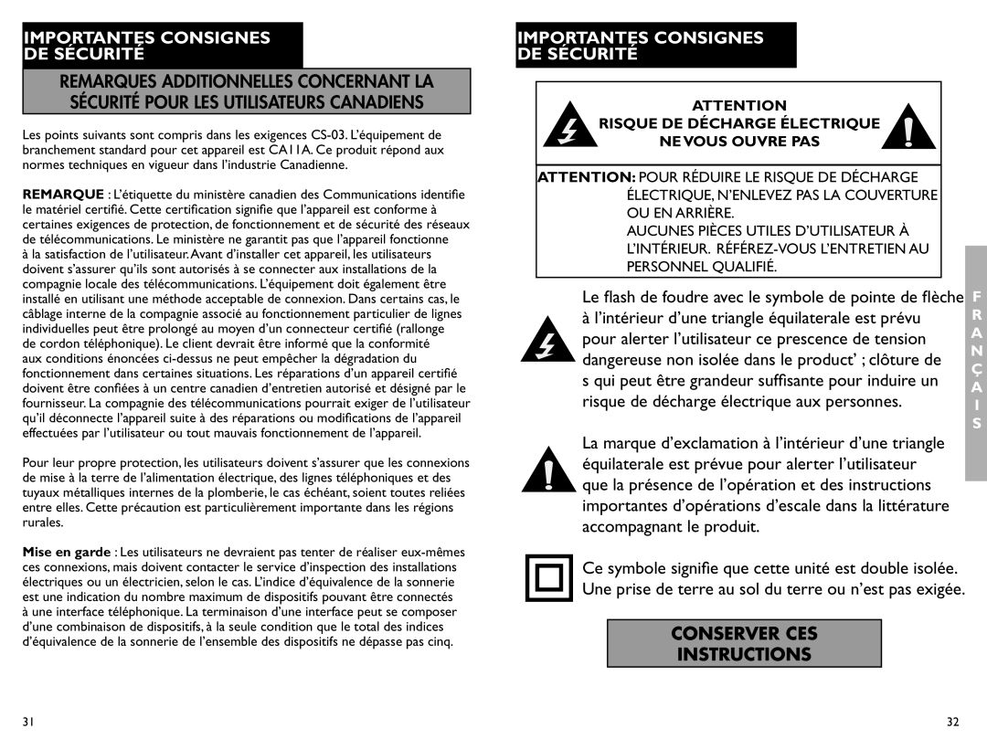 Clarity AL10 manual risque de décharge électrique aux personnes, accompagnant le produit, Conserver Ces Instructions 