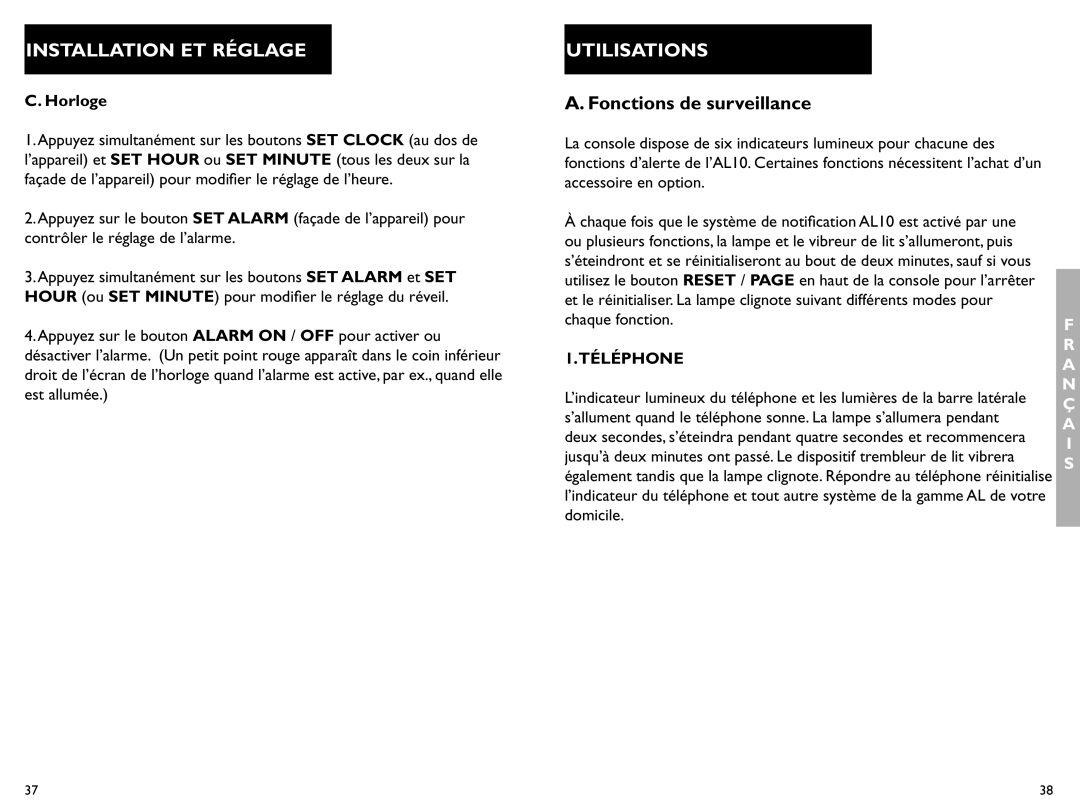 Clarity AL10 manual Utilisations, A. Fonctions de surveillance, Installation Et Réglage, C. Horloge, 1.TÉLÉPHONE 