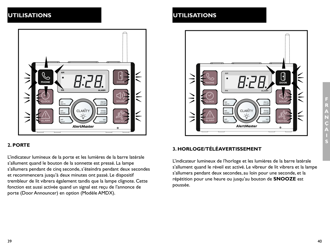Clarity AL10 manual Utilisations, Porte, Horloge/Téléavertissement 