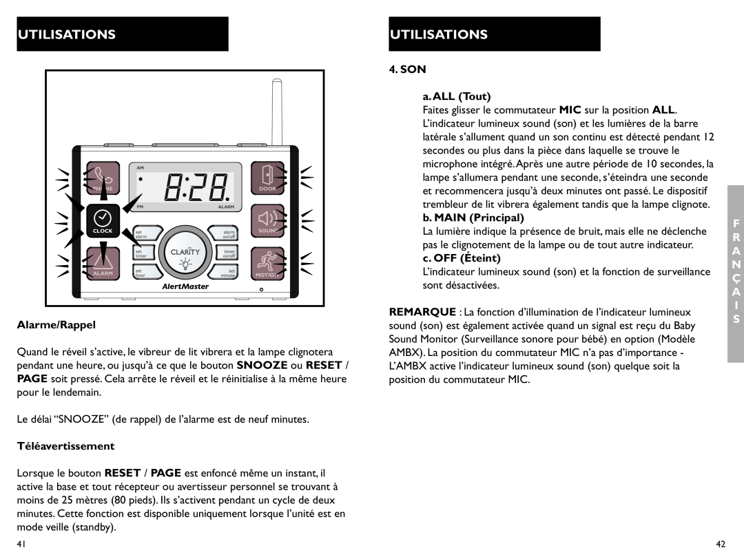 Clarity AL10 manual Utilisations, Alarme/Rappel, Téléavertissement, SON a.ALL Tout, F R A N Ç A I S 