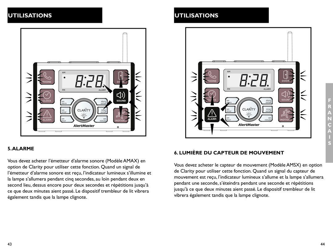 Clarity AL10 manual Utilisations, Alarme, Lumière Du Capteur De Mouvement 