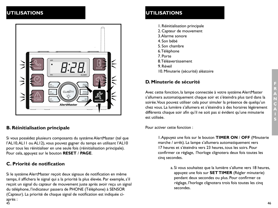 Clarity AL10 manual B. Réinitialisation principale, C. Priorité de notification, D. Minuterie de sécurité, Utilisations 