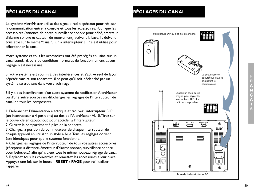 Clarity AL10 manual Réglages Du Canal 
