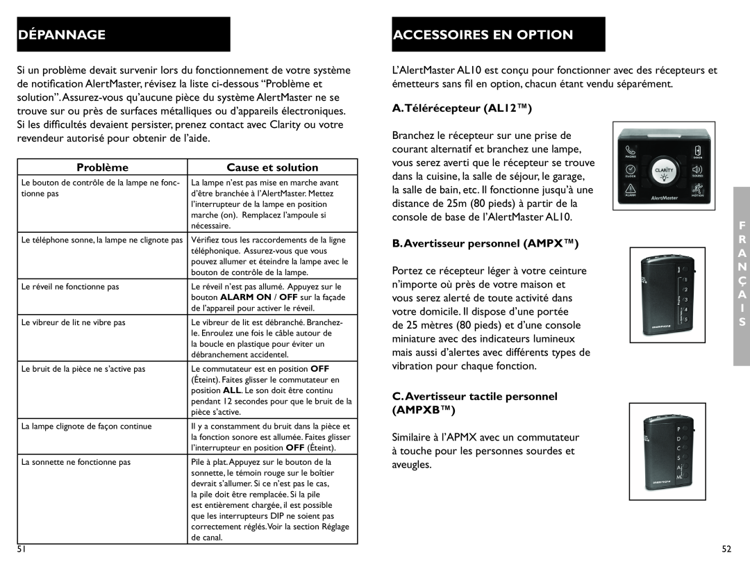 Clarity AL10 manual Dépannage, Accessoires En Option, Problème, Cause et solution, A.Télérécepteur AL12, Ampxb 