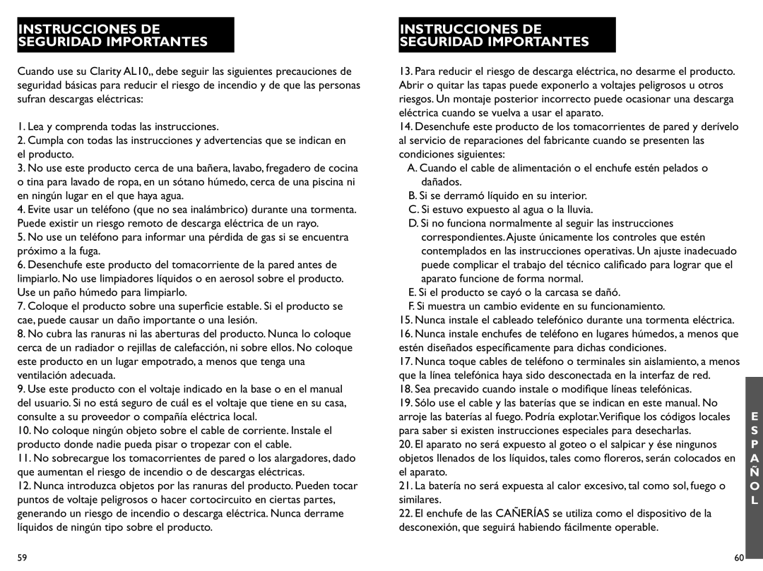 Clarity AL10 manual Instrucciones De Seguridad Importantes 