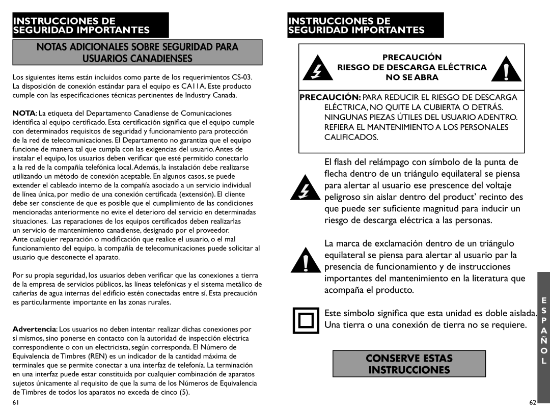 Clarity AL10 manual Notas Adicionales Sobre Seguridad Para, Usuarios Canadienses, Conserve Estasl Instrucciones 