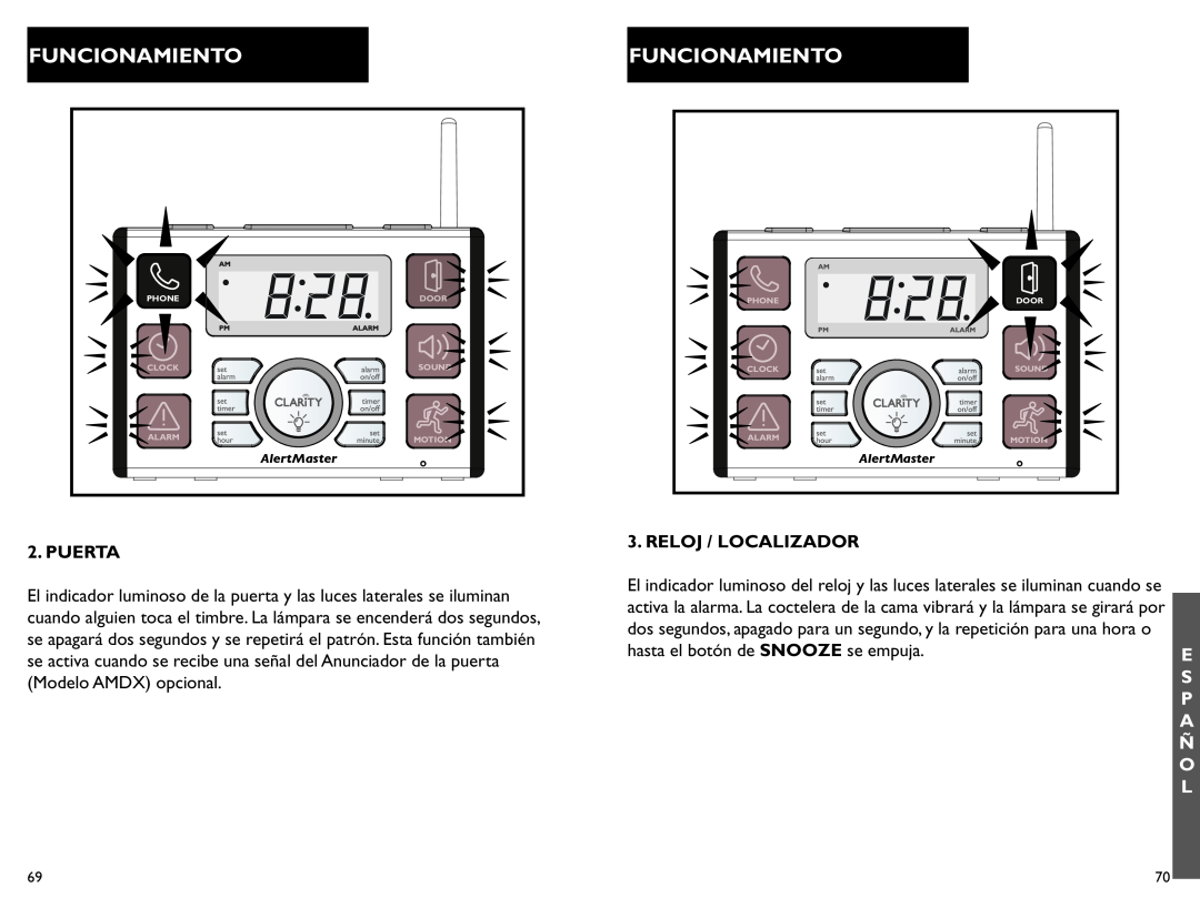 Clarity AL10 manual Funcionamiento, Puerta, Reloj / Localizador 