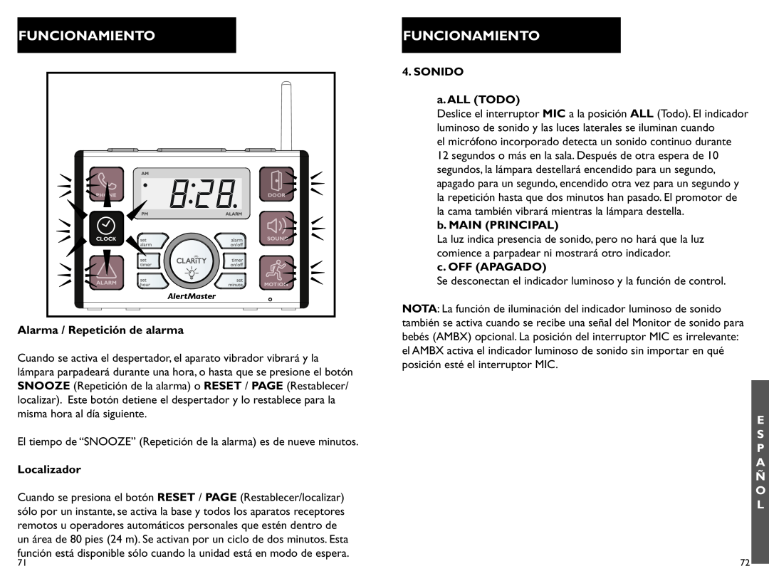 Clarity AL10 manual Funcionamiento, Alarma / Repetición de alarma, Localizador, SONIDO a.ALL TODO, b. MAIN PRINCIPAL 