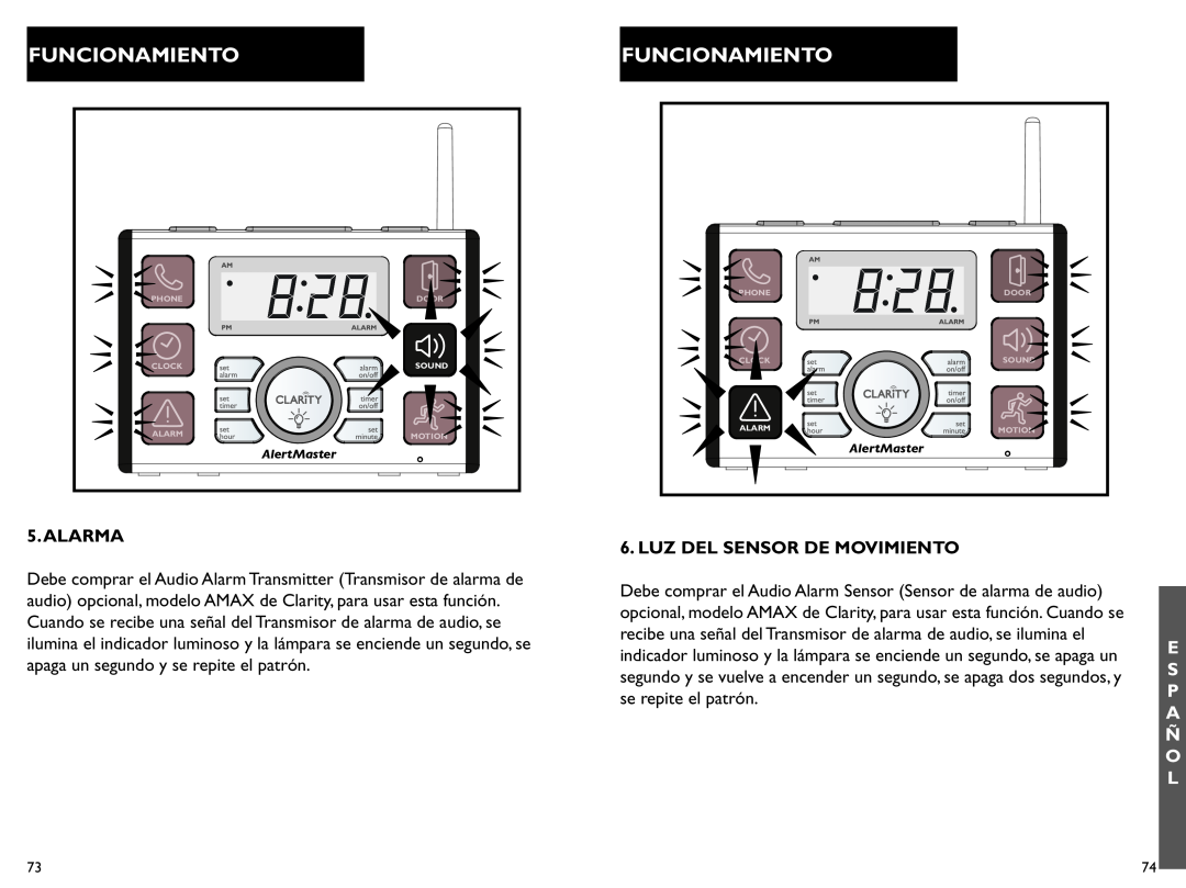 Clarity AL10 manual Funcionamiento, Alarma, Luz Del Sensor De Movimiento 