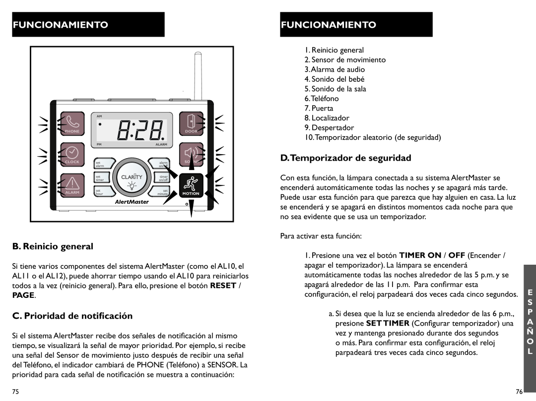 Clarity AL10 manual B. Reinicio general, C. Prioridad de notificación, D.Temporizador de seguridad, Funcionamiento 
