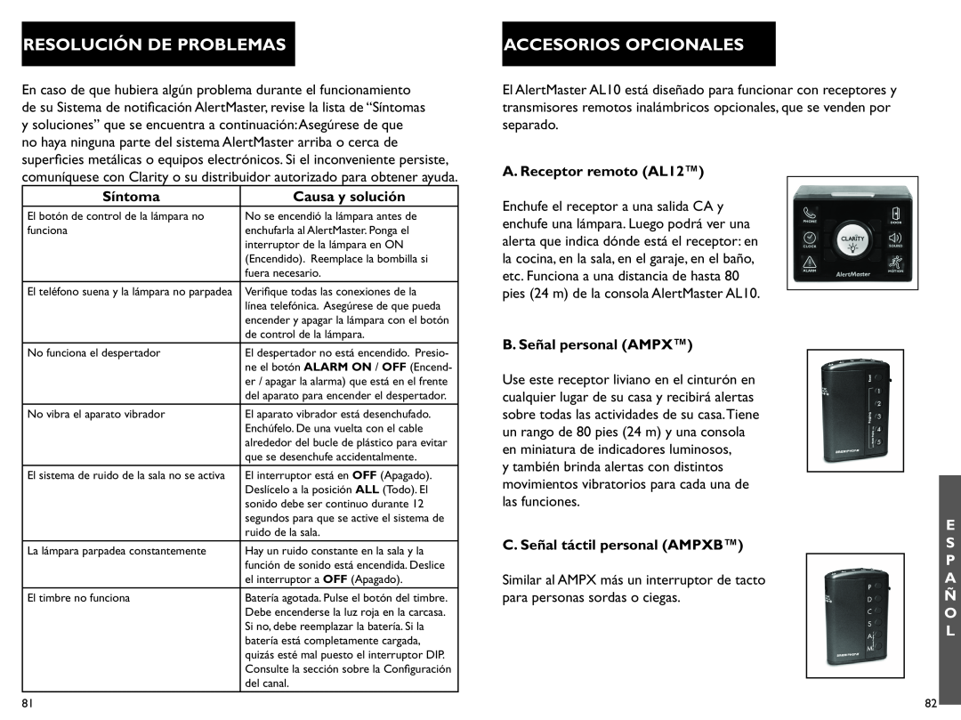 Clarity AL10 manual Resolución De Problemas, Accesorios Opcionales, Síntoma, Causa y solución, A. Receptor remoto AL12 