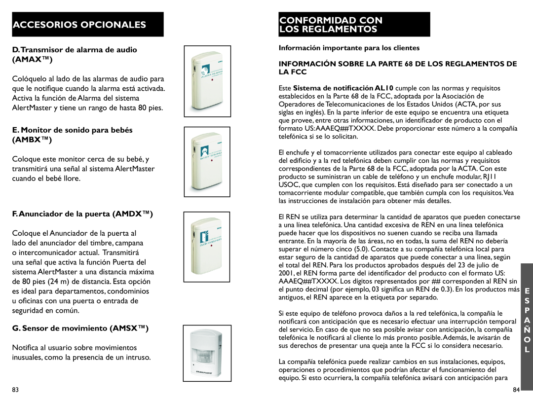 Clarity AL10 manual Conformidad Con Los Reglamentos, Accesorios Opcionales, D.Transmisor de alarma de audio AMAX 