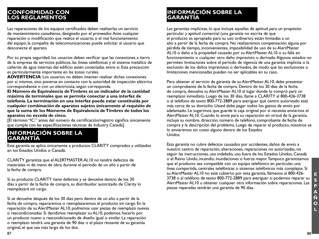 Clarity AL10 manual Información Sobre La Garantía, Conformidad Con Los Reglamentos 