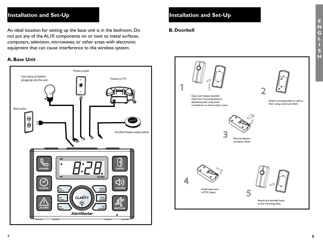 Clarity AL10 manual Installation and Set-Up, B. Doorbell, A. Base Unit 