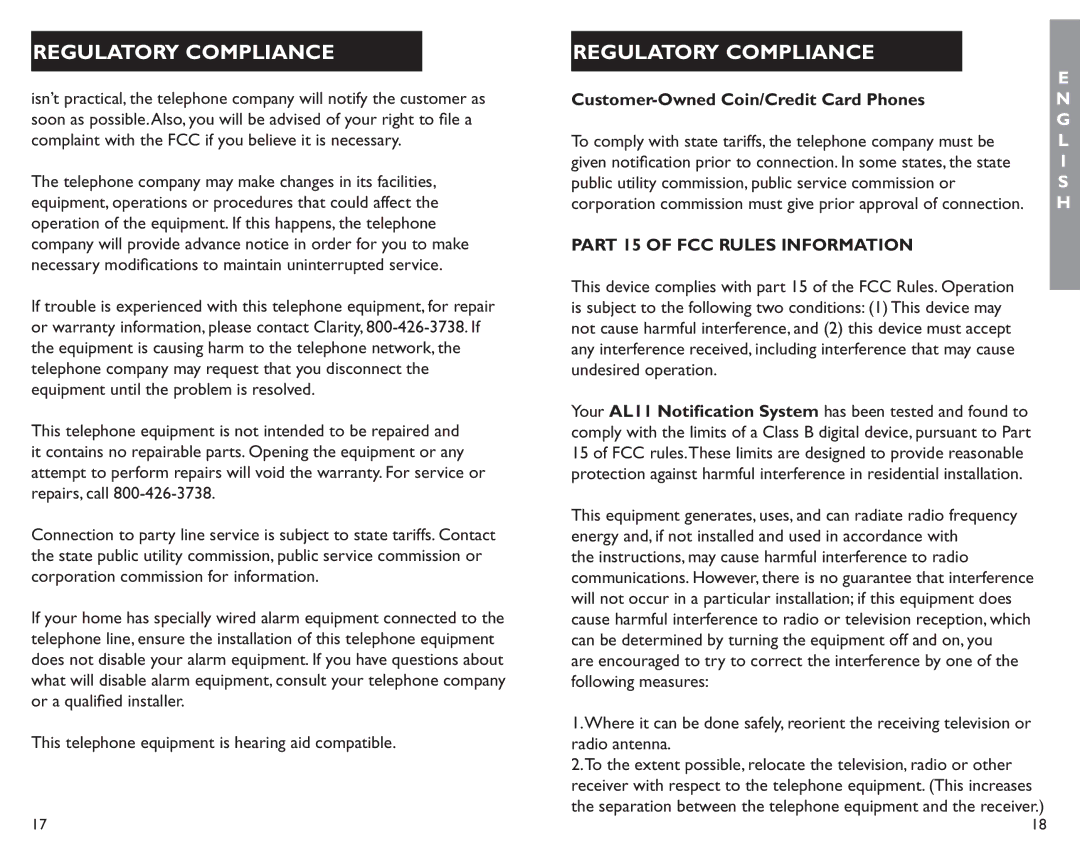 Clarity AL11 manual Customer-Owned Coin/Credit Card Phones, Part 15 of FCC Rules Information 