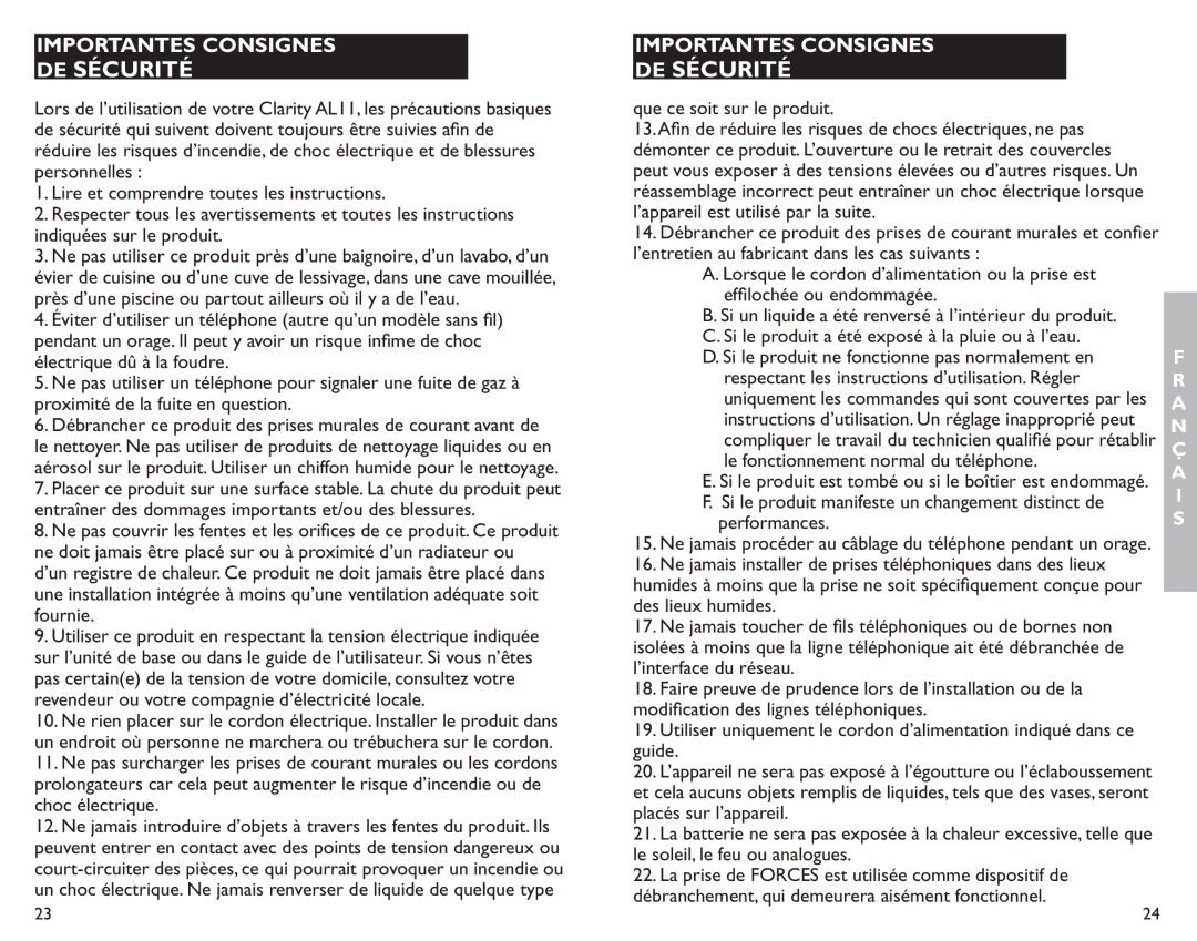 Clarity AL11 manual DE Sécurité, Importantes Consignes 