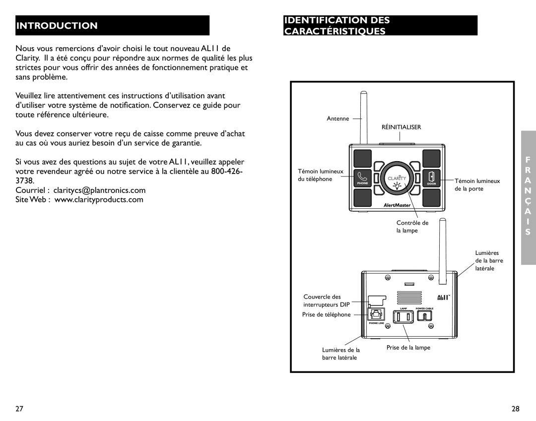 Clarity AL11 manual Introduction, Identification DES Caractéristiques 