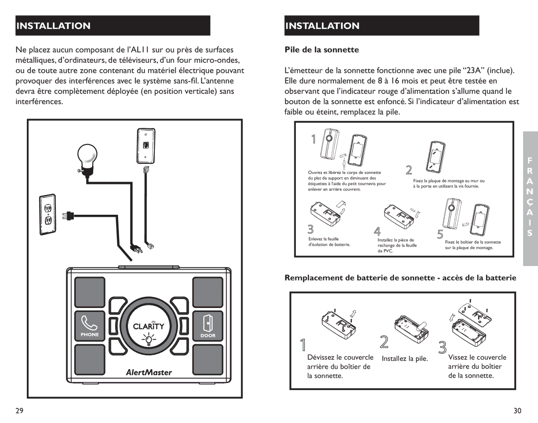 Clarity AL11 manual Installation, Pile de la sonnette, Remplacement de batterie de sonnette accès de la batterie 