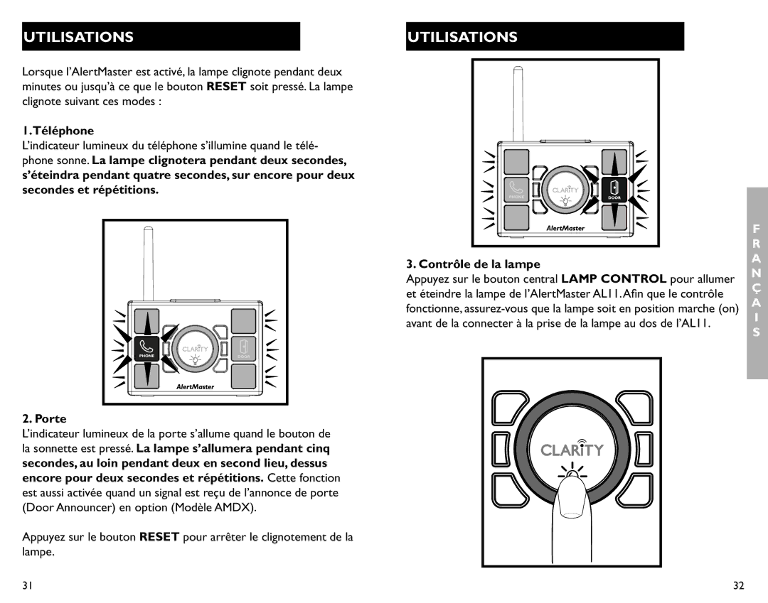 Clarity AL11 manual Utilisations, Téléphone, Porte 