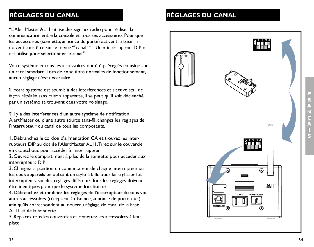 Clarity AL11 manual Réglages DU Canal, Interrupteurs DIP 