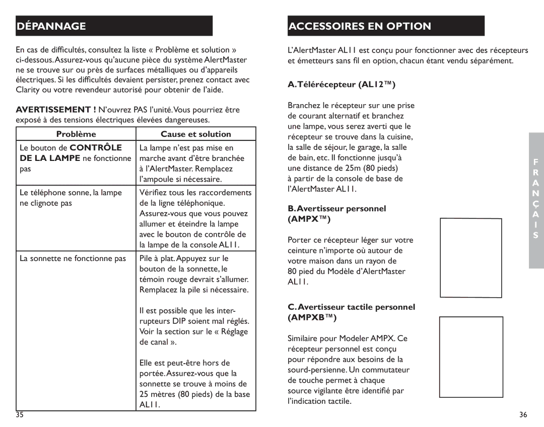 Clarity AL11 manual Dépannage, Accessoires EN Option, Ampxb 