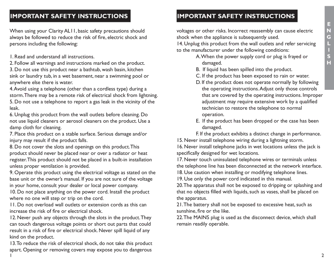 Clarity AL11 manual Important Safety Instructions 