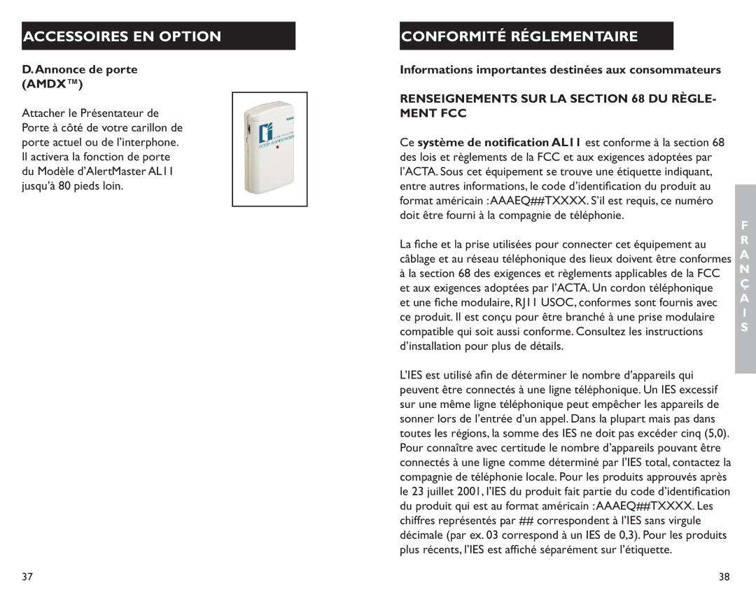 Clarity AL11 manual Conformité Réglementaire, Annonce de porte Amdx, Informations importantes destinées aux consommateurs 