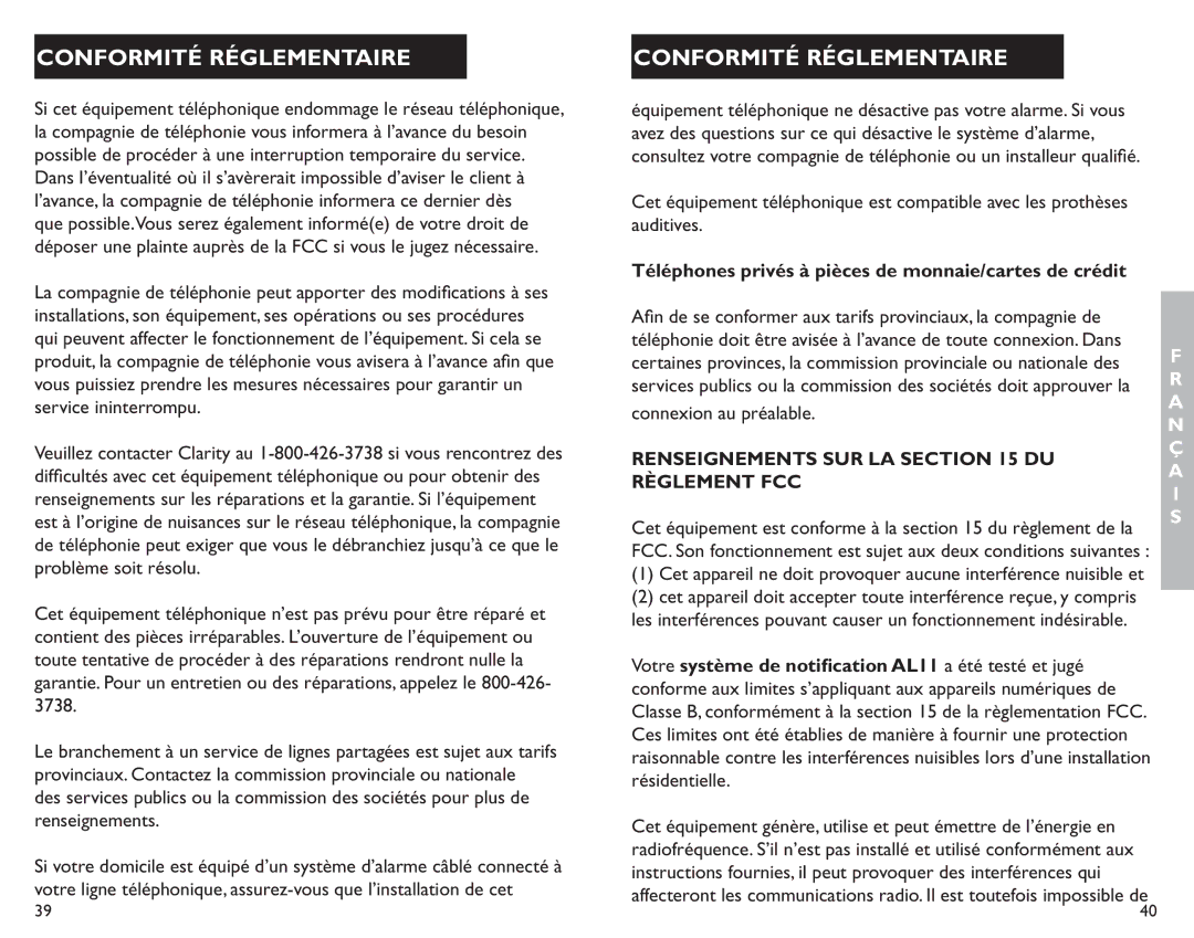 Clarity AL11 manual Renseignements SUR LA DU Règlement FCC 