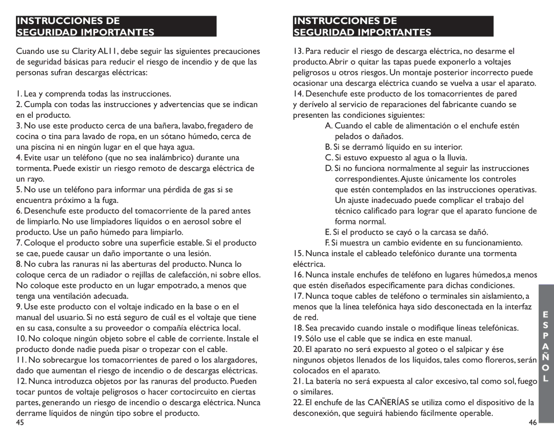 Clarity AL11 manual Instrucciones DE Seguridad Importantes, Que estén diseñados específicamente para dichas condiciones 