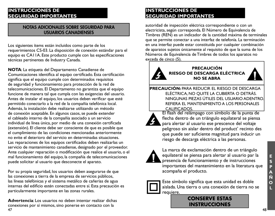 Clarity AL11 manual Notas Adicionales Sobre Seguridad Para Usuarios Canadienses 