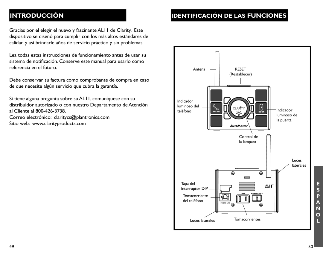 Clarity AL11 manual Introducción, Identificación DE LAS Funciones 